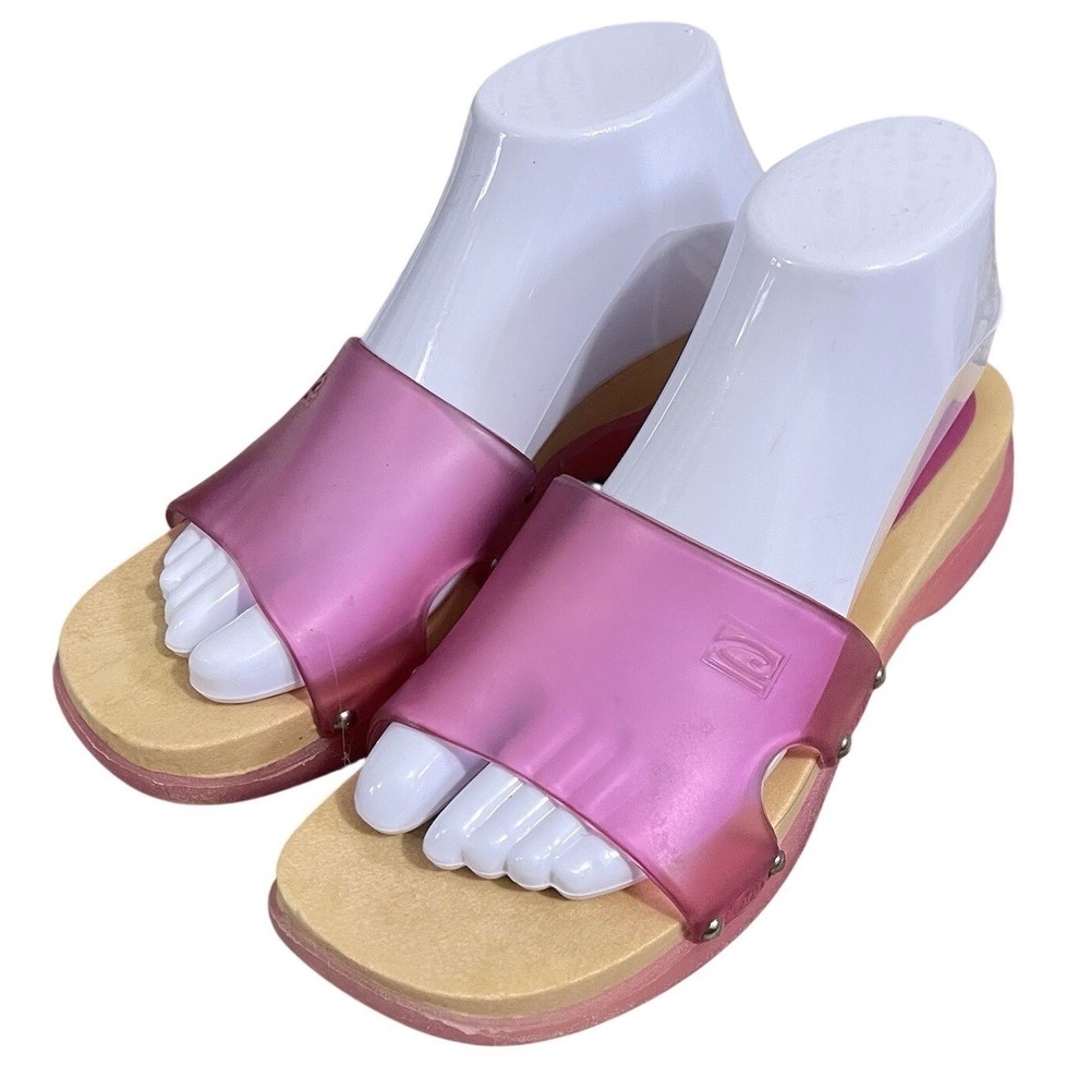 VTG Y2K Candie's Sandals Women 7 Faux Wood Block Clogs Pink Jelly Bratz Boho